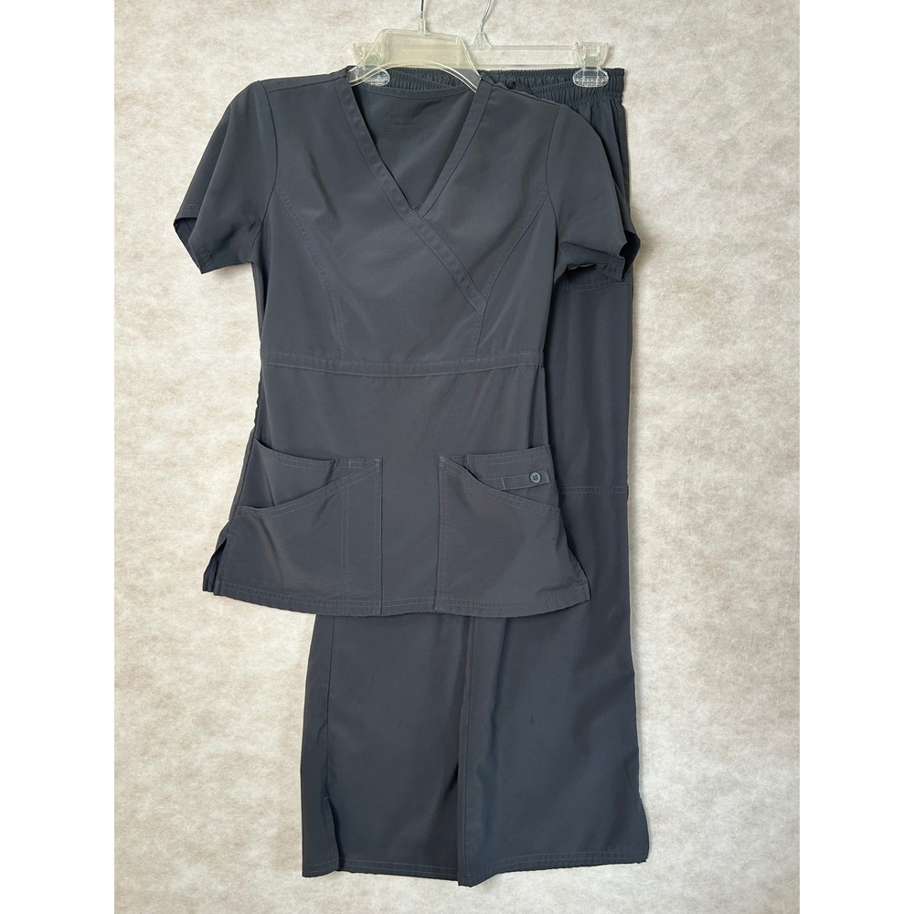 Perfect Stretch Women Grey Scrub Set Mock Wrap Top Cargo Pants XXS 1939 PWPS